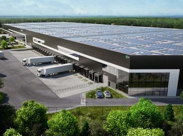 Rendering of a warehouse with solar panels on the roof