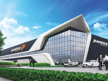 Rendering showing a warehouse and customer logo Rendering showing a warehouse and customer logo